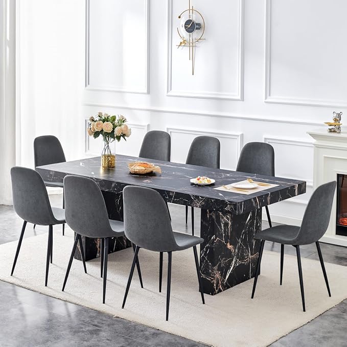 79" Marble Dining Table Set｜Modern Dining Table Set with 8 Artificial Leather Chairs｜Engineered Wood with Marble Pattern Tabletop｜Widened and Stable Tablelegs｜Easy Assembly