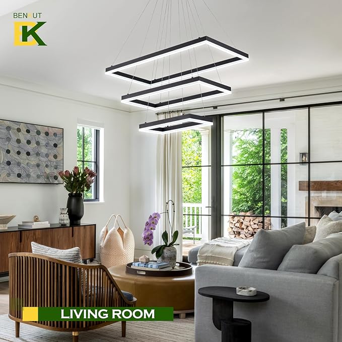 3 Rings Modern LED Chandelier Black 31.5inch Rectangle Dimmable LED Pendant Light with Remote Control 3 Tier Flush Mount High Ceiling Light for Dining Living Room Foyer(3000K-6500K, H71)