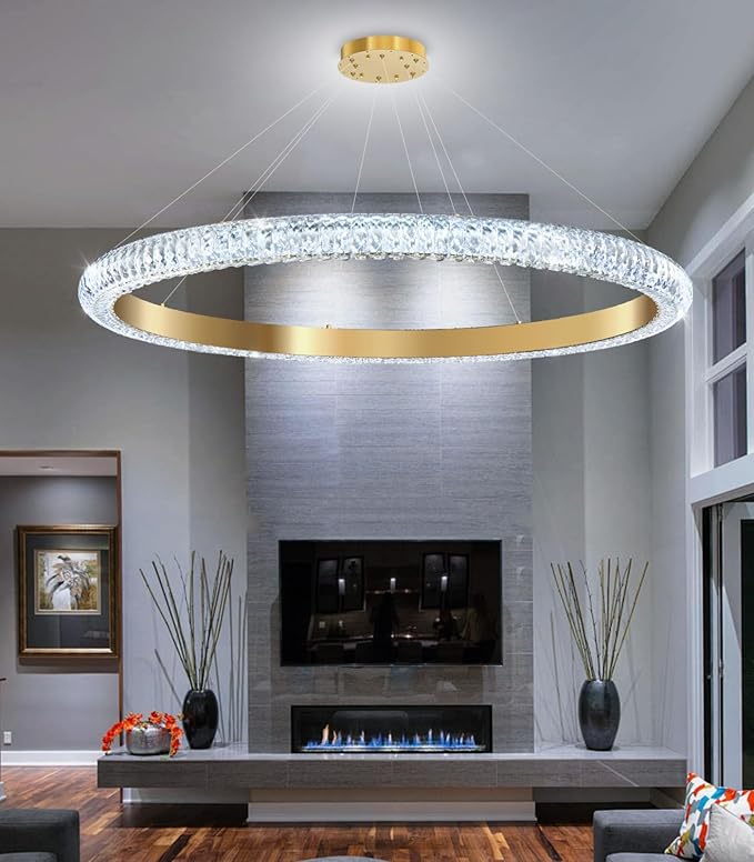 40" 1 Ring Crystal Chandelier Modern LED Dimmable Ring Pendant Light Chandelier for Dining Room Living Room Gold