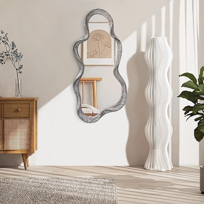Asymmetrical Mirror Large Irregular Wall Mirror Modern Wood Frame Unique Artistic Mirrors Cute and Stylish Cloud Wavy Mirror Decorative for Cloakroom Bedroom Living Room Bathroom Entryway White