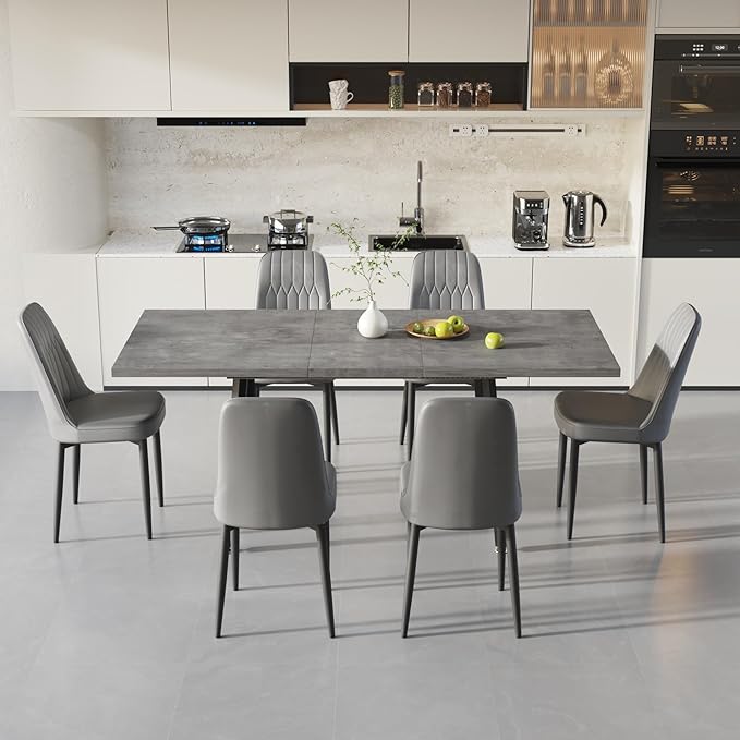 7 Piece Dining Table Set for 6-8,55-71" Extendable Dining Table Set with 6 Upholstered Chairs,Rectangle Kitchen Table Set for Small Space,Dining Room and Office,Grey