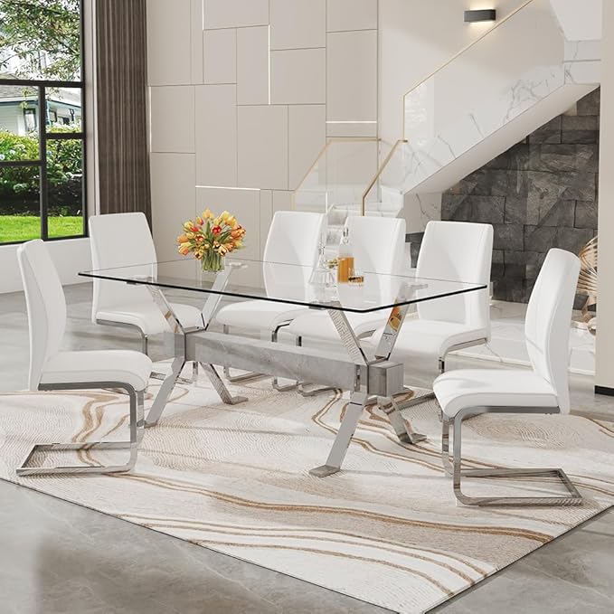 71'' Glass Dining Table Set for 6,7 Piece Dining Table Set with Tempered Glass Tabletop and Open‑Frame X‑Shaped Metal Base,Kitchen Table and Chairs Ideal for Dining Room&Home Office