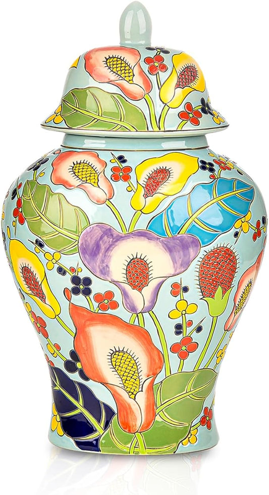 Sungmor Decorative Ceramic Ginger Jar with Lid, Floral Pattern Porcelain Temple Storage Jar, 14" Hand Painted Ceramic Flower Vase for Centerpiece, Blue Glazed Vase for Flower Arrangement, Home Decor