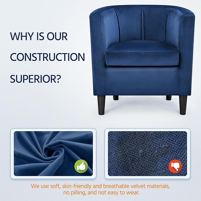 Yaheetech Velvet Accent Chair, Modern and Comfortable Armchairs, Upholstered Barrel Sofa Chair for Living Room Bedroom Waiting Room, Blue