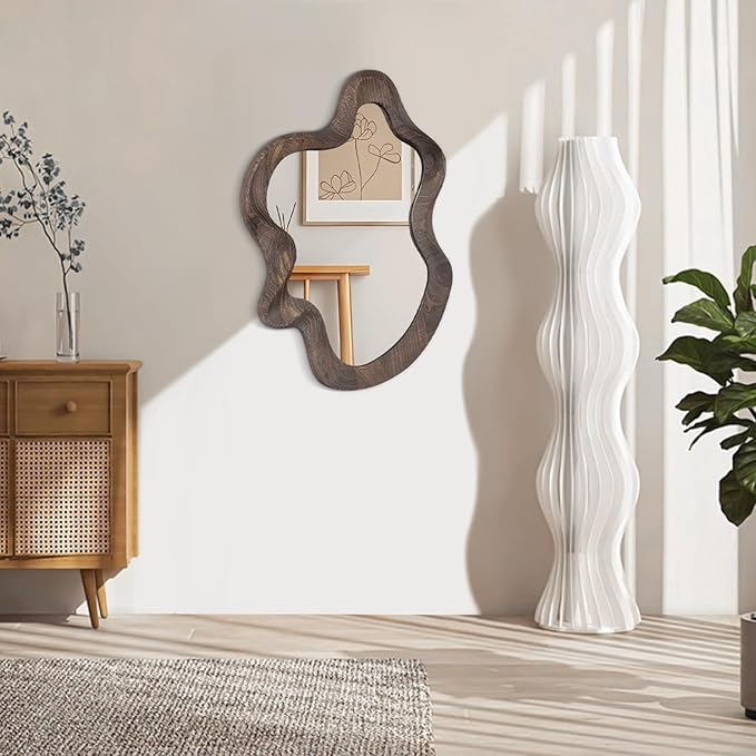 Asymmetrical Wavy Mirror for Wall Decor Large Cute and Stylish Unique Wooden Framed Wall Mirror Vanity Artistic Cloud Mirror 21.6"x15" Decorative for Living Room Bedroom Bathroom Entryway
