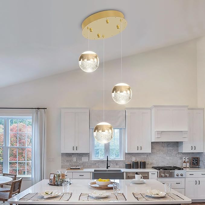 Modern Crystal Pendant Lighting Gold Globe Pendant Light Fixture, Mid Century Chandelier 3-Light Hanging Fixture for Kitchen Island,Globe Chandeliers for Dinning Room Bedroom