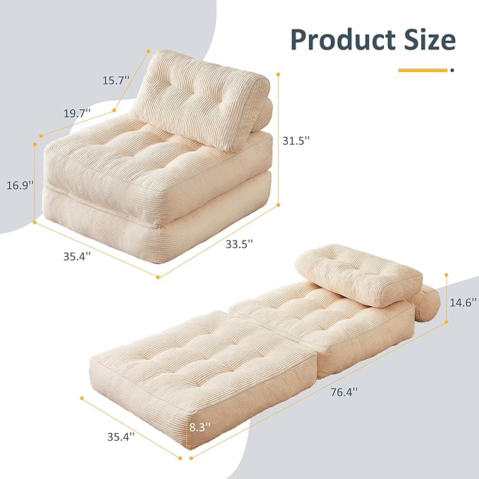 Folding Chair Bed, Futon Sofa, Floor Couch for Adults Chair for Living Room, Lounge Sofa, Convertible Sofa Bed, Small Couches for Small Spaces, Beige