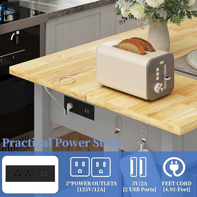 47.3" Solid Rubberwood Kitchen Island with Power Outlets - Extra Large Work Surface, 2 Drawers & Open Shelves Storage Cabinet for Kitchen Dining Room, Farmhouse Style (Grey)