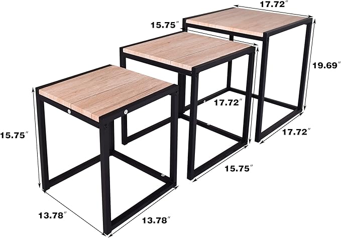 Nesting Table Set of 3 Side Tables, Modern Coffee Table Stacking End Table with Metal Frame，Oak