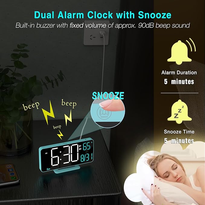 KOSUMOSU Digital Alarm Clock, 6.7in Digital Clock for Bedroom, Auto Dimming, Room Temperature, Day of The Week, Seconds, Date, Desk Clocks for Living Room, Alarm Clocks for Bedrooms