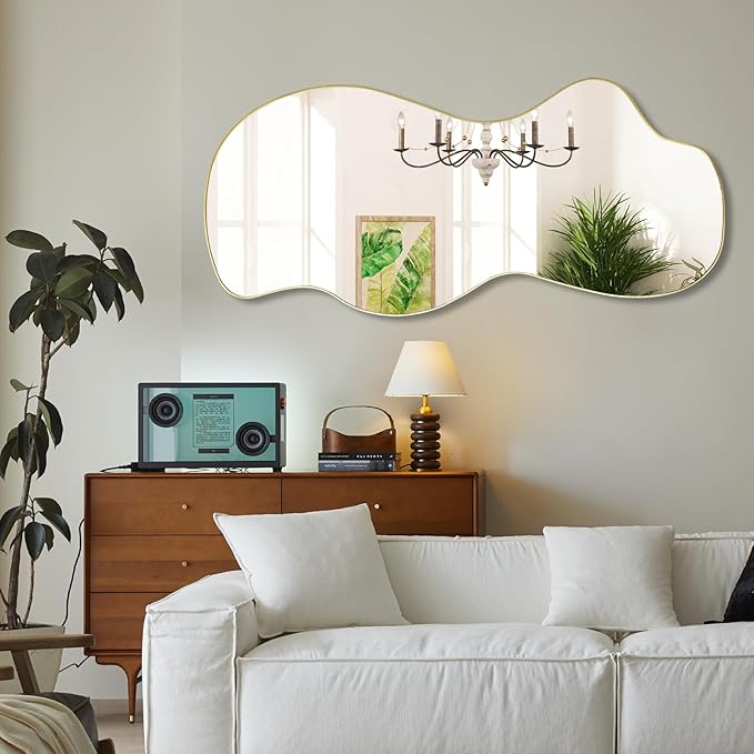 POZINO Irregular Wall Mirror, Gold Asymmetrical Mirrors Decorative, 47.2"x21.6" Large Wavy Shaped Mirror, Modern Frameless Wall Mirrors for Living Room Bathroom Bedroom Hallway Entryway Fireplace