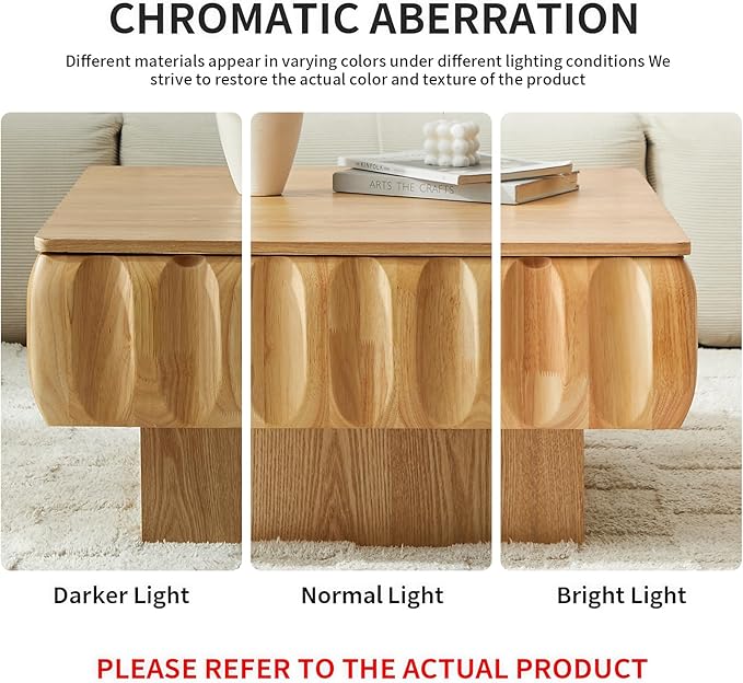 31" Lift Top Coffee Table for Living Room, Fluted Coffee Table with Hidden Storage, Mid Century Modern Solid Wood Veneer Square Center Table for Office Apartment Small Space, Natural