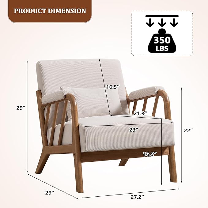 ANJ Mid Century Modern Accent Chair，Living Room Chairs with Wood Frame &Lumbar Pillow, Upholstered Reading Armchair for Bedroom