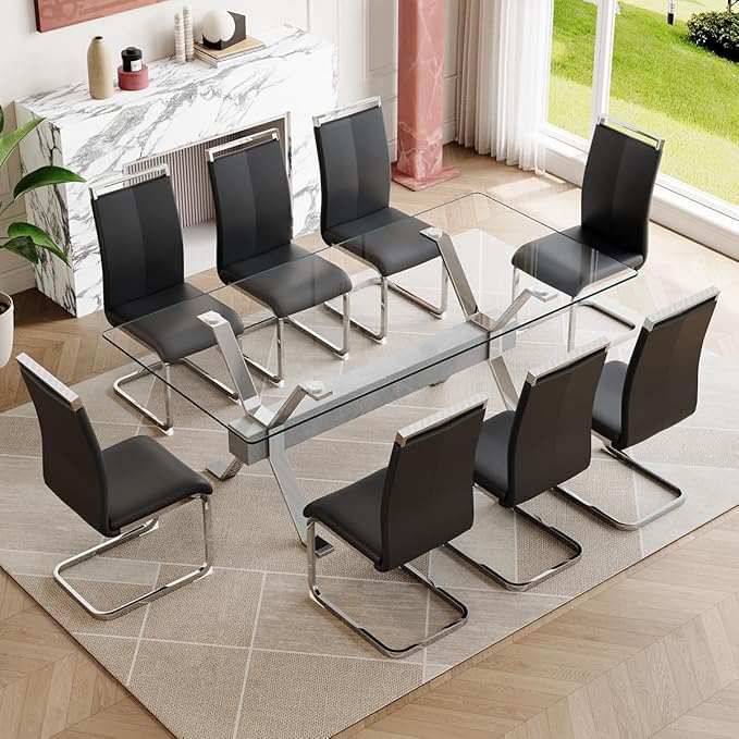 9 Piece Glass Dining Table Set, Kitchen Table Chairs Set for 8, 71'' Dining Table with 0.4" Tempered Glass Tabletop with Plated Metal Legs and MDF Crossbar, 8 PU Chairs for Dining Room, Kitchen.