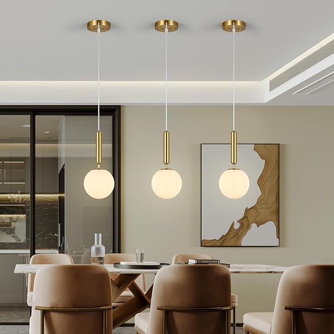 Modern Hanging Light Fixture Pendant Lighting for Kitchen Island Mid Century Gold Pendant Lights with Globe Milky White Glass Pendant Light for Bedroom Bathroom Entryway (3 Pack)