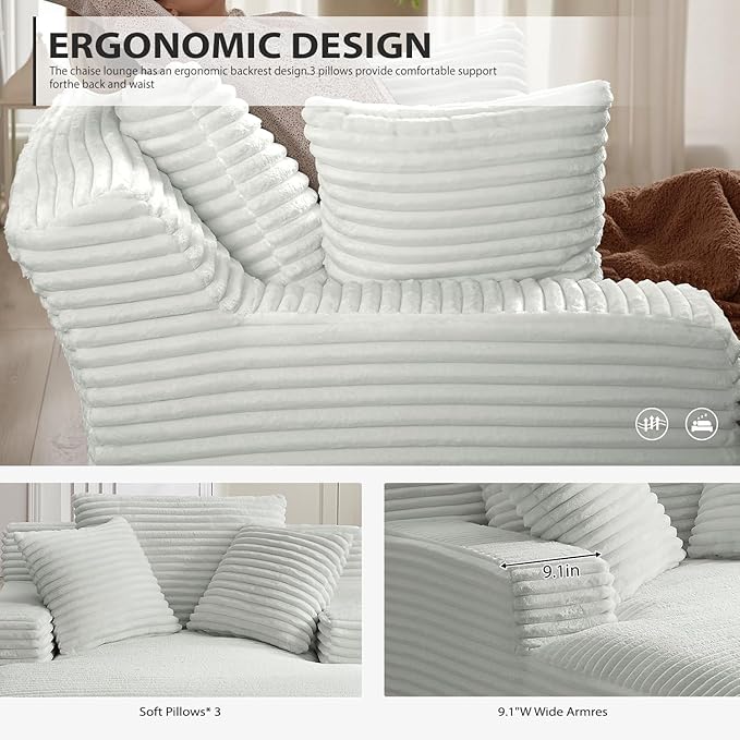 Oversized Chaise Lounge Chair Indoor, Corduroy Sofa Bed with Throw Pillows, Cozy Cloud Couch, Upholstered Sleeper Sofa Couch for Living Room, Bedroom, Apartment, Light Gray
