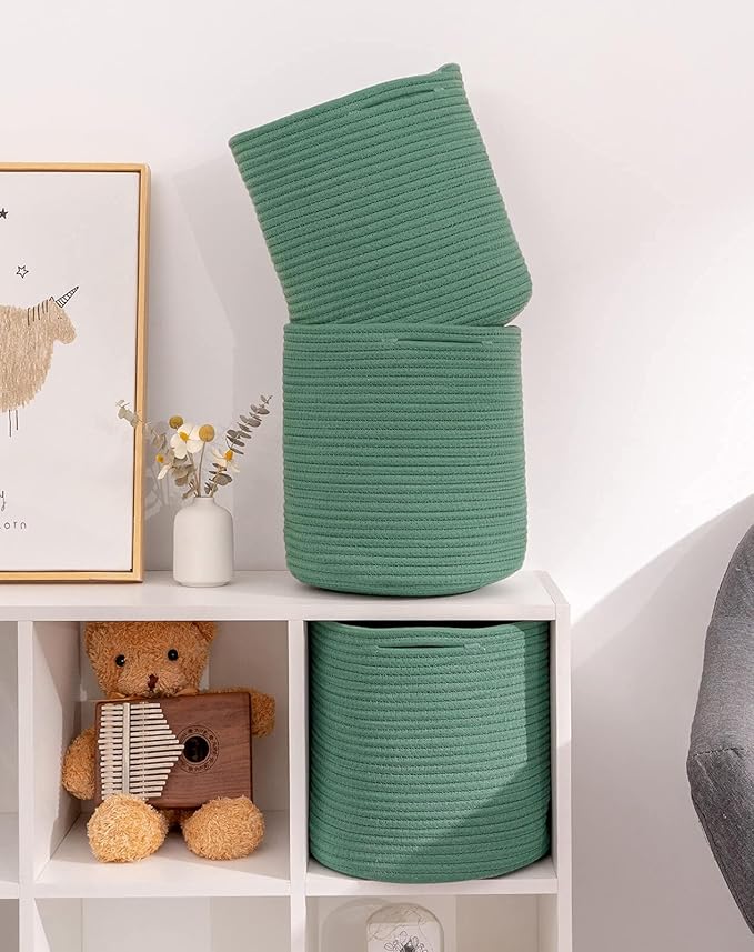 voten Storage Cubes Baskets Bins Organizer 11x11x11'' Fit 12x12''Cube Storage Organizer Bookcases Shelf,Durable Woven Cotton Storage Basket for Organizing,Round 3Pack Green