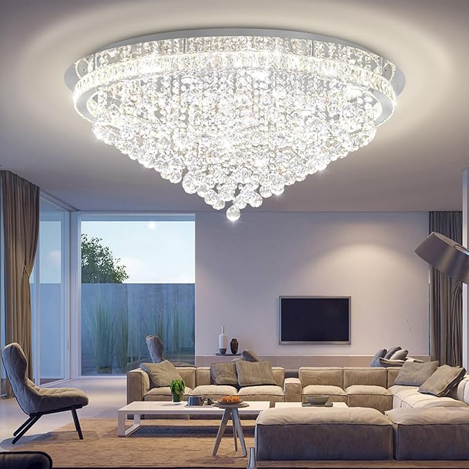 Dia 40" Modern Crystal Chandelier,Large Chandelier for Living Room Silver Flush Mount Chandeliers Crystal Ceiling Light for Dining Living Room Bedroom