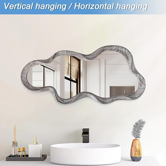 Asymmetrical Cloud Wavy Mirror, Modern Wood Frame, Unique Artistic Decor for Cloakroom, Bedroom, Living Room, Bathroom, Entryway, White, 30"L x 14"W