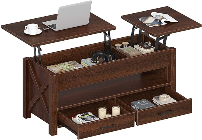 Seventable Coffee Table, 47.2" Lift Top Coffee Table with 2 Storage Drawers and Hidden Compartment, Farmhouse Center Table with Wooden Lift Tabletop, for Living Room,Espresso