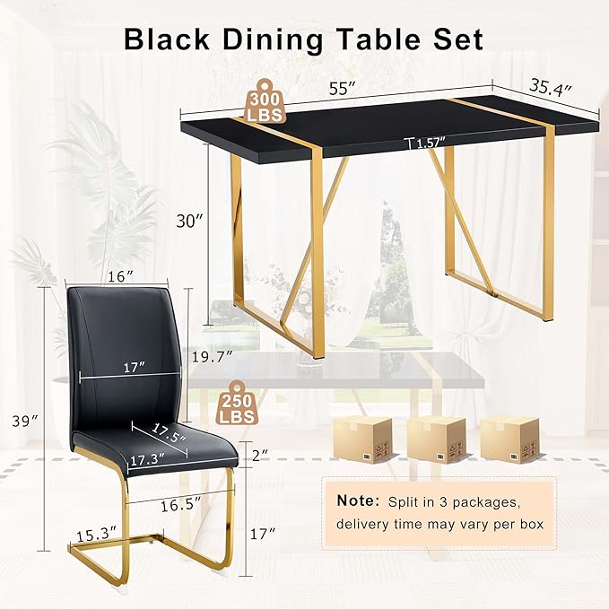 Black Dining Table Set for 6, 55" Dinner Table Set for 6, 1.5" Black Glossy Wood Tabletop with Gold Metal Legs, Modern Kitchen Table Set with 6 Bow-legged Faux Leather Chairs for Dining, Small Space