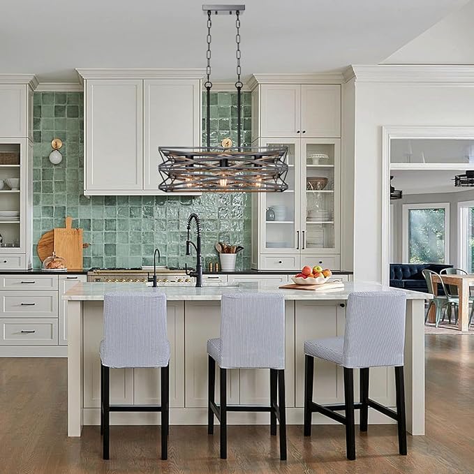 21''Farmhouse Dining Room Light Fixture,3-Light Kitchen Island Lighting,Industrial Chandelier for Dining Room Over Table Kitchen Bar,Linear Chandelier with Retro Wood Texture Interior