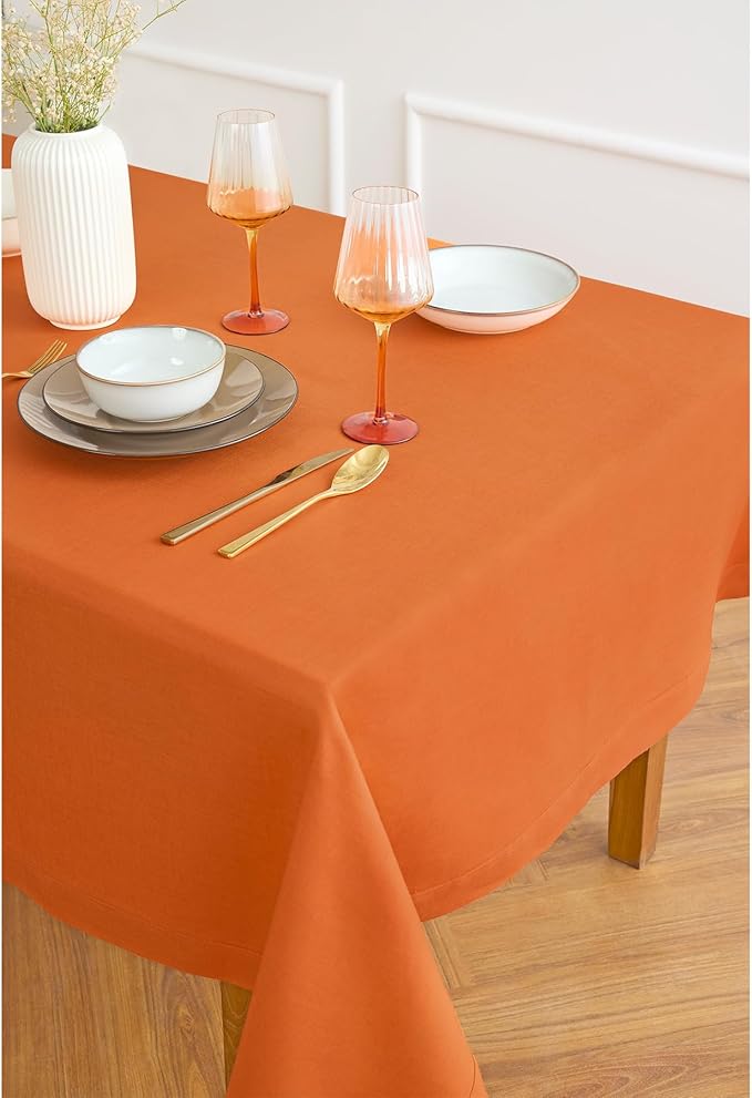 Solino Home Linen Tablecloth for Rectangle Tables 60 x 90 Inch - 100% Pure Linen Persimmon Orange Table Cloth - Fete, Machine Washable Cloth Tablecloth for Fall, Autumn, Halloween, Thanksgiving