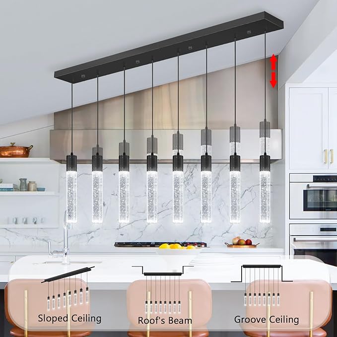 8-Lights Modern Crystal Chandeliers for Kitchen Island Pendants Lighting Fixture for Dining Room LED Ceiling Light for Hallway Foyer 6000K Black