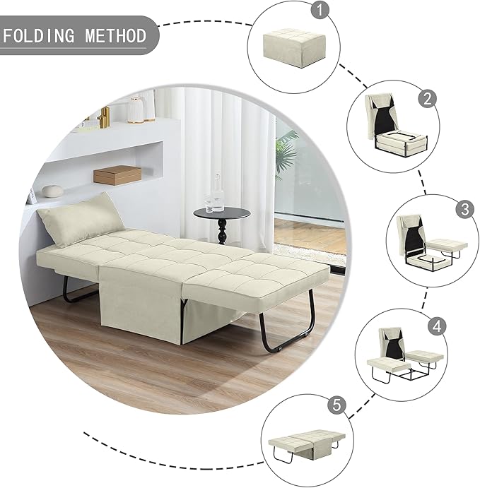 BIGSYY Sofa Bed, 4 in 1 Multi-Function Folding Ottoman Breathable Linen Couch Bed with Adjustable Backrest Modern Convertible Chair for Living Room Apartment Office, White