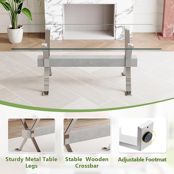 7 Piece Glass Dining Table Set, Kitchen Table Chairs Set for 6, 71'' Dining Table with 0.4" Tempered Glass Tabletop with Plated Metal Legs and MDF Crossbar, 6 PU Chairs for Dining Room, Kitchen.