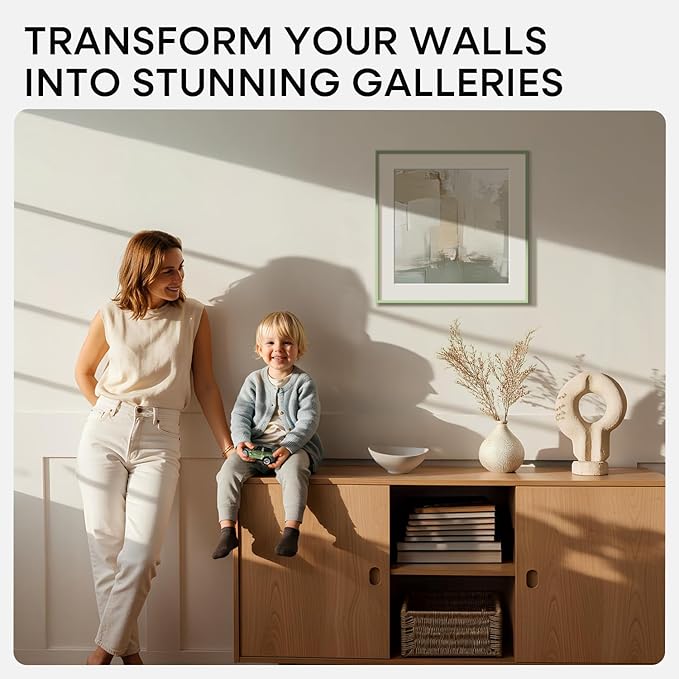 Homeforia 20x20 Picture Frame Sage Green, High End Metal 20 x 20 Square Poster Frames with Mat 16 x 16 Photo, 20x20 Frame Matted to 16x16 Art, 20by20 Hanging Frames, Tempered Glass, Wall Kit, Set of 1