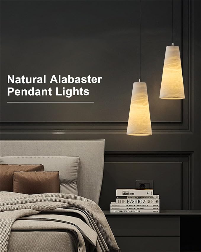 Natural Alabaster Pendant Lights Kitchen Island, H-10in White Pendant Light Fixtures, Light Pendan Marble Conical Shade Copper, for Bedroom Bathroom Dining Room Living Room (Dimmable Bulbs INCL)