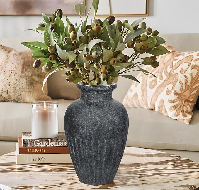 Rustic Ceramic Vase 11 Inch Farmhouse Pottery Clay Vase Distressed Flower Vases for Boho Home Decor Living Room Enterway Shelf Decor Pampas Grass - Gray