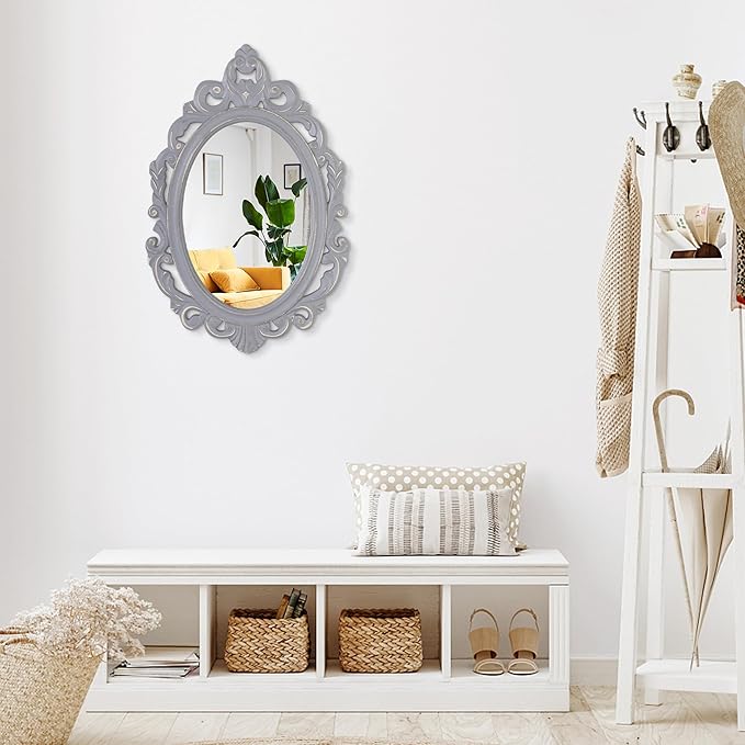 Oval Wooden Hanging Mirror - Grey Carved Frame Wall Mirror Rustic Vintage Decorative Aesthetic for Vanity Bedroom Living Room Entryway Farmhouse 24"x16"