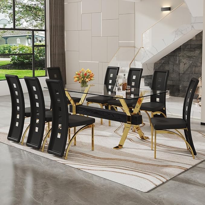 71'' Glass Dining Table Set for 8,9 Piece Dining Table Set with Open‑Frame X‑Shaped Golden Metal Base,Gold Kitchen Table and Chairs Ideal for Dining Room&Home Office