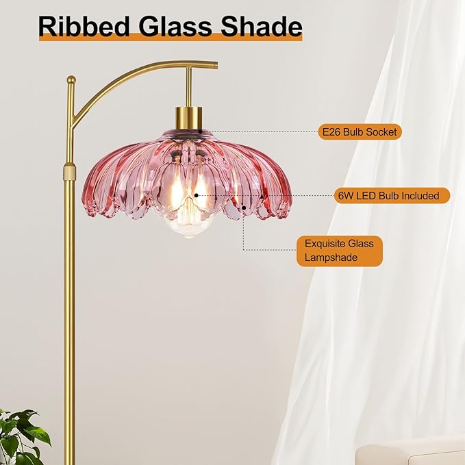 Floor Lamp for Living Room,Bedroom,Gold Dimmable Standing Lamp with Remote,Mid Century Modern Brass Tall Lamp Retro Vintage Pink Glass Lamp Floor Light Boho Bohemian