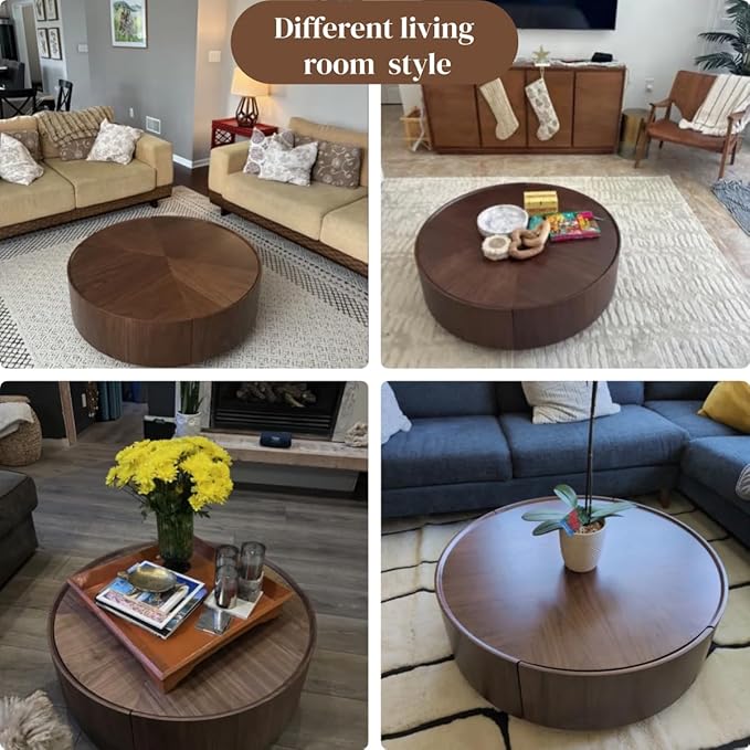 35.4'' Modern Round Coffee Table for Living Room, Fully Assembled Solid Wood Drum Center Table with Hidden Drawers Pefect for Small Space,Apartment No Assembly Elegant Walnut Finish
