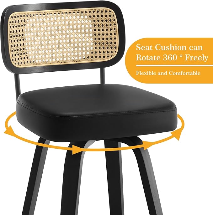 Swivel Bar Height Stools Set of 4, Upholstered Faux Leather Barstools with Rattan Back, 29" Seat Height Tall Bar Stools for Kitchen Counter, Black Wood Frame, Black