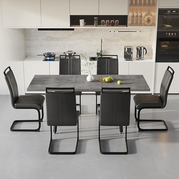7 Piece Dining Table Set for 6-8,55-71" Extendable Dining Table Set with 6 Upholstered Chairs,Rectangle Kitchen Table Set for Small Space,Dining Room and Office,Grey