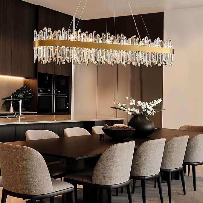 Modern Crystal Chandelier, L57'' Rectangle Gold Raindrop Chandelier Luxury Oval Pendant Ceiling Light Fixture for Living Room Dining Room Kitchen Island, G9 x 32 Lights