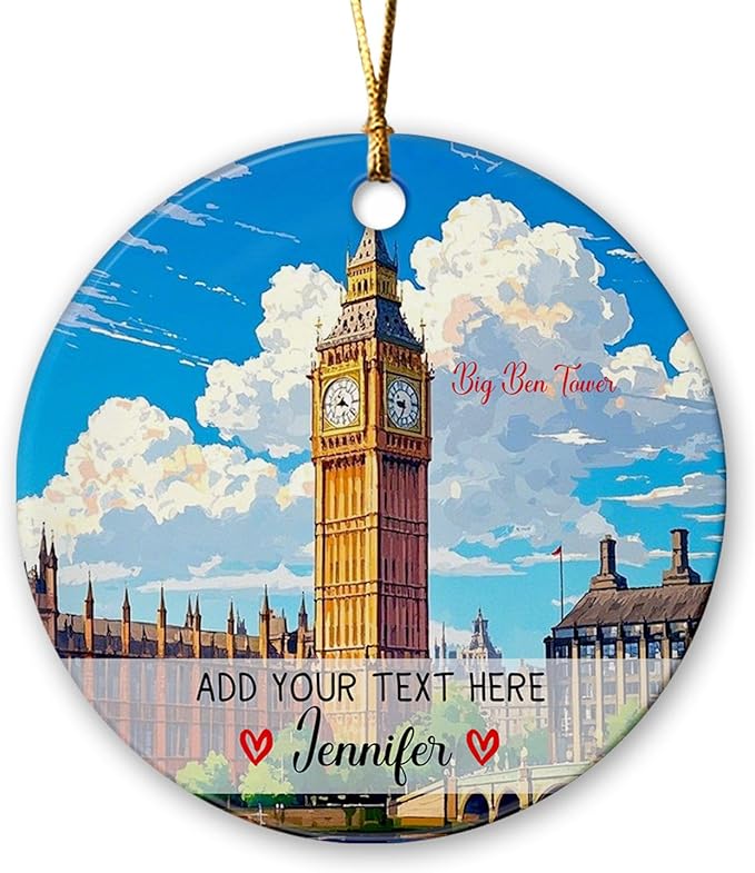 Personalized Text/Name Big Ben Tower Christmas Ceramic Ornament 2025, United Kingdom London Tower Landmark Xmas Ornaments Gift for Traveller Men Women, Custom Big Ben Travel Souvenir Xmas Tree Decor