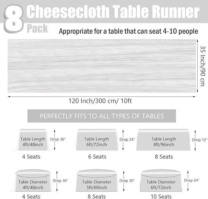 8 Pack White Cheesecloth Table Runner 35x120 Inches Boho Gauze Rustic Valentine's Day Cheese Cloth Runners 10ft Long Romantic Sheer Table Runner for Wedding Bridal Shower Party Table Decor