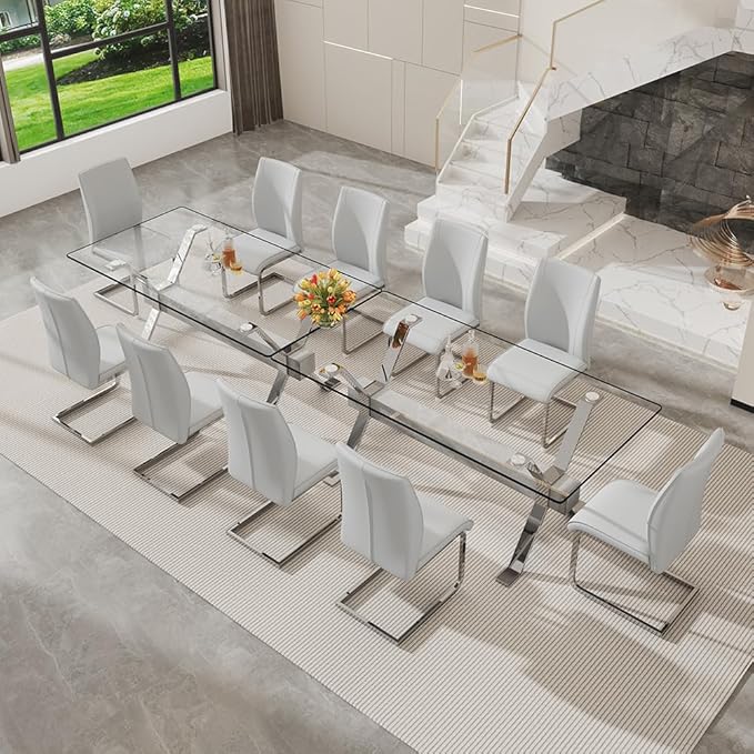 71'' Glass Dining Table Set for 6,7 Piece Dining Table Set with Tempered Glass Tabletop and Open‑Frame X‑Shaped Metal Base,Kitchen Table and Chairs Ideal for Dining Room&Home Office