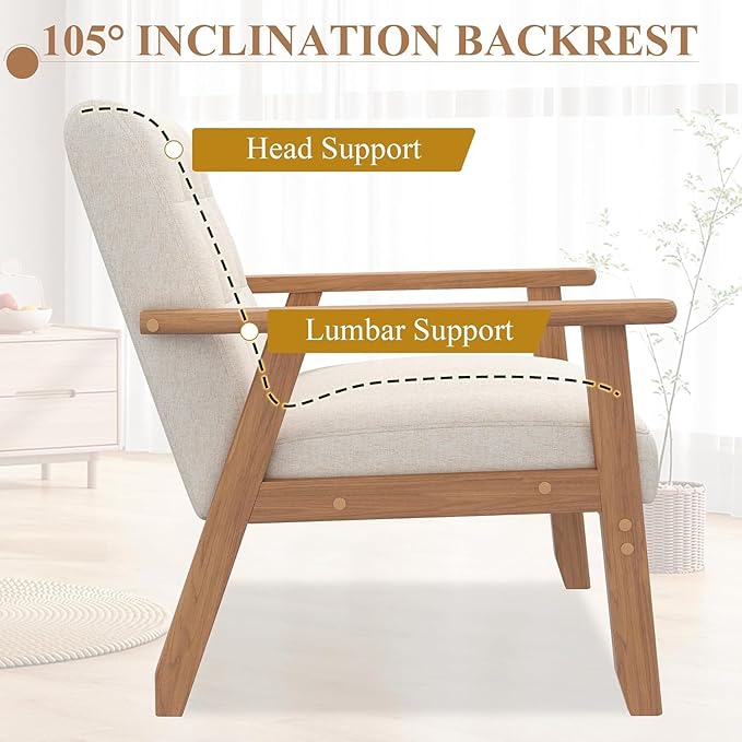 Westice Accent Chair 1PC, Mid-Century Modern Living Room Chairs with Solid Wood Frame & Soft Thicken Cushion, Upholstered Reading Arm Chair for Bedroom, Balcony, Beige Linen Fabric & Natural Legs