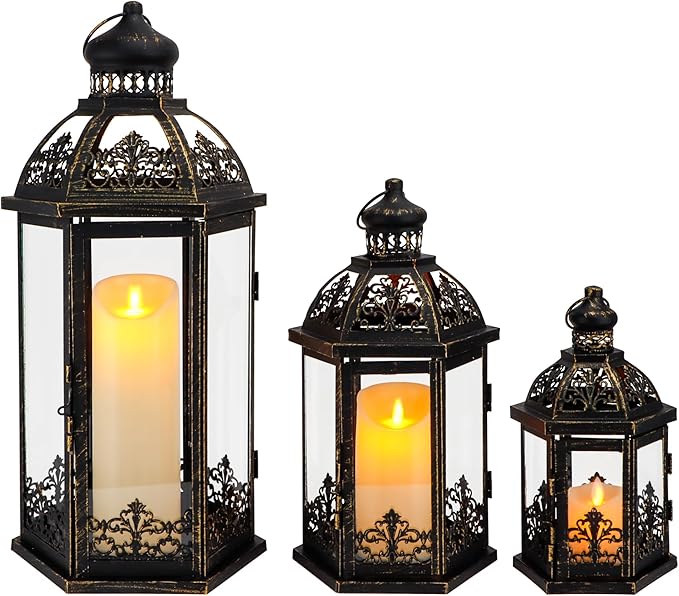 TRIROCKS Large Set of 3 Decorative Lanterns 19''&13.5''&9.5" H Vintage Hanging Lantern Metal Candleholder with Tempered Glass for Indoor Outdoor Home Decor Parties Garden(Black with Gold Brush)