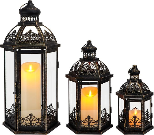 TRIROCKS Large Set of 3 Decorative Lanterns 19''&13.5''&9.5" H Vintage Hanging Lantern Metal Candleholder with Tempered Glass for Indoor Outdoor Home Decor Parties Garden(Black with Gold Brush)