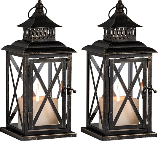 DECORKEY Lantern Decorative Indoor & Outdoor, 2 Pack Large Hanging Candle Lanterns Home Decor, Vintage Metal Candle Holders for Front Porch Patio Wedding Party, Halloween Christmas Decorations (Black)