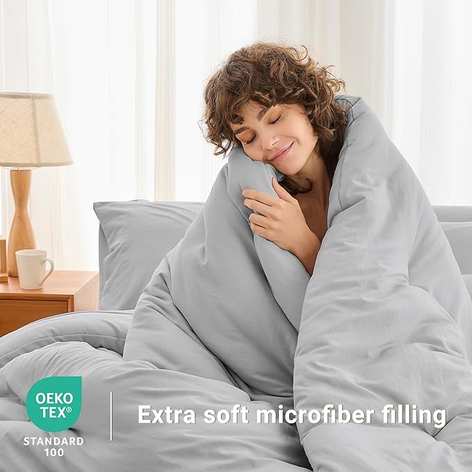 MUXHOMO 7 Pieces King Comforter Set, Soft Bed in a Bag King Size, All Season Bedding Set with Comforter, Flat Sheet, Fitted Sheet, Pillowcases & Shams, Light Grey