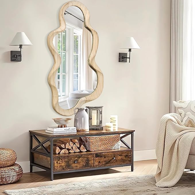 Asymmetrical Mirror for Wall Decor Large Modern Wooden Framed Wall Mirror Unique Shape Wall Mounted Vanity Artistic Wavy Mirror Decorative for Living Room Bedroom Bathroom Entryway Natural