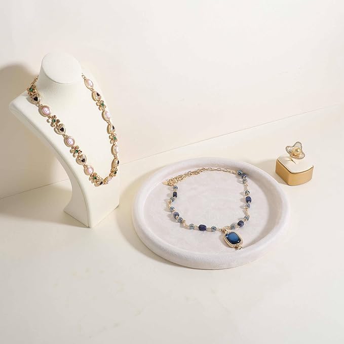 GemeShou Round Jewelry Organizer plate, Top Microfiber velvet Jewerly display tray, Empty Jewelry showcase tray for Necklace Bracelet Ring Earring display stand holder (Cream-Large, 9.8 x 9.8 in)